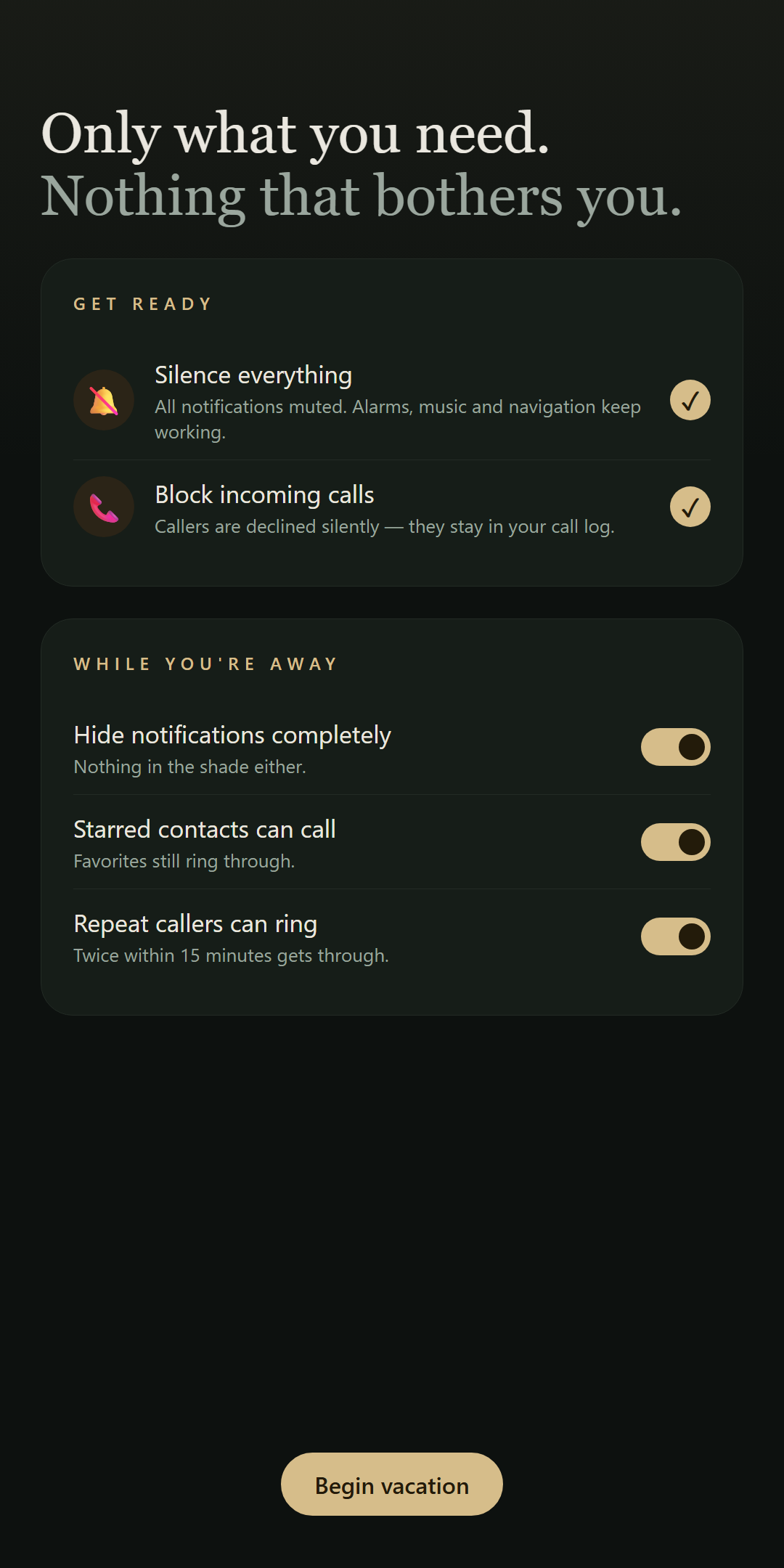 Setup screen with silence and call options