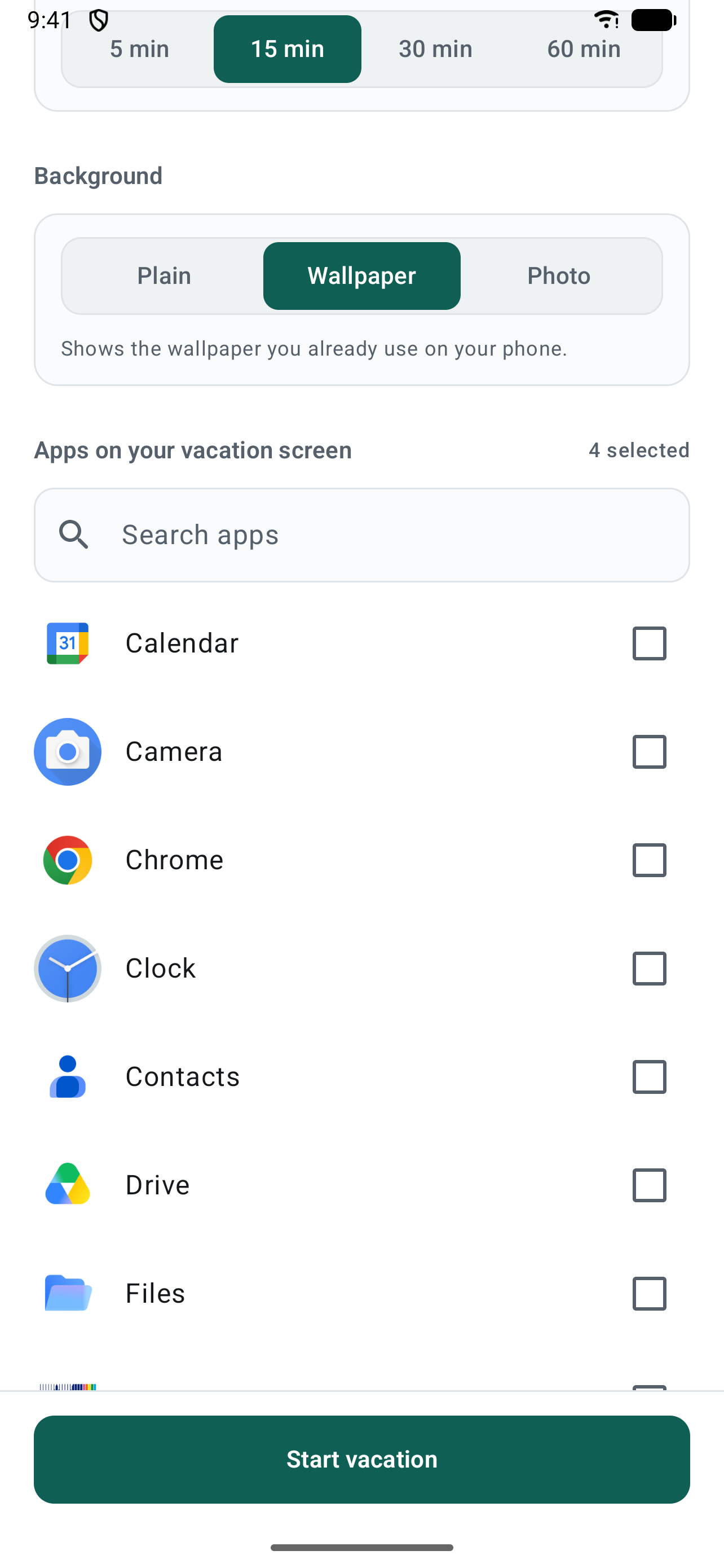 Background chooser with plain, wallpaper and photo