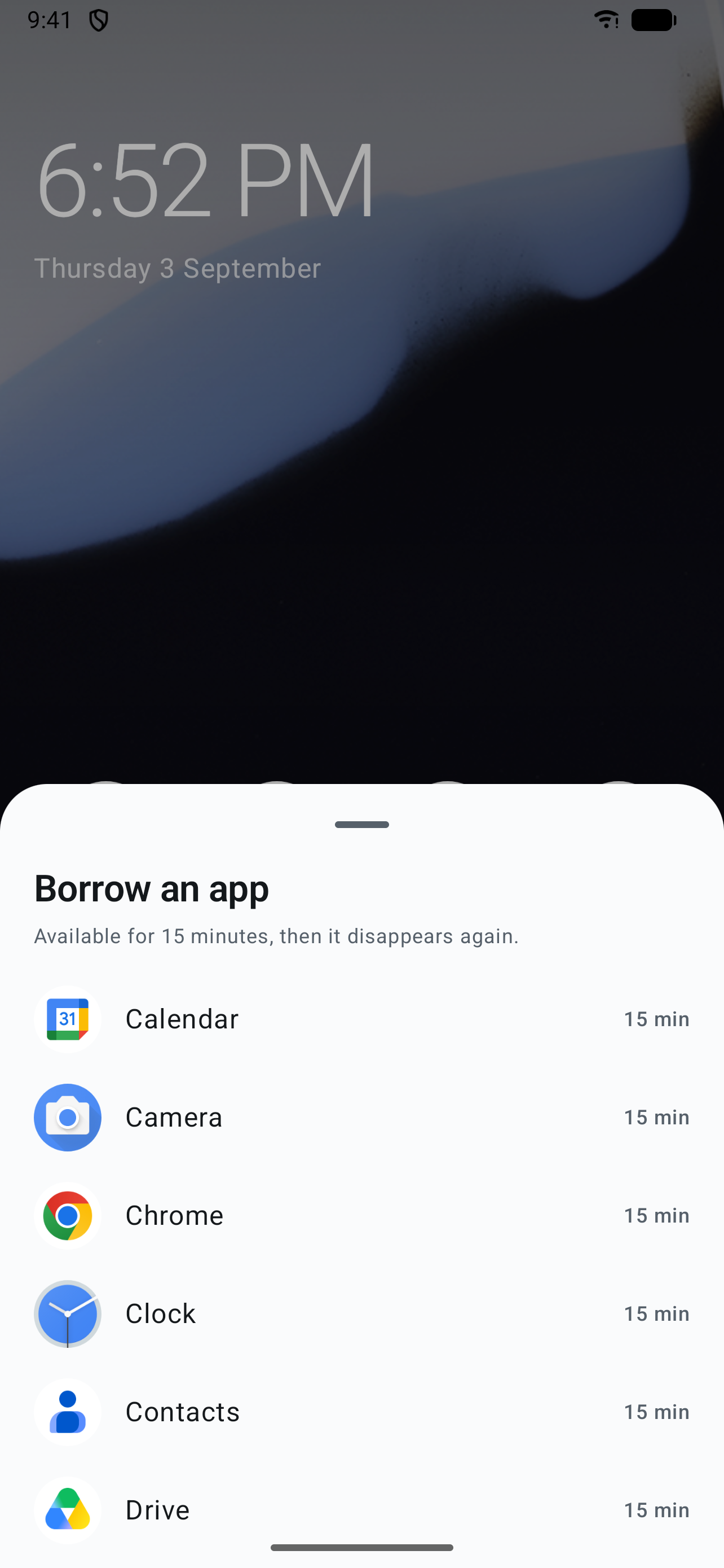 Sheet for borrowing an app for fifteen minutes