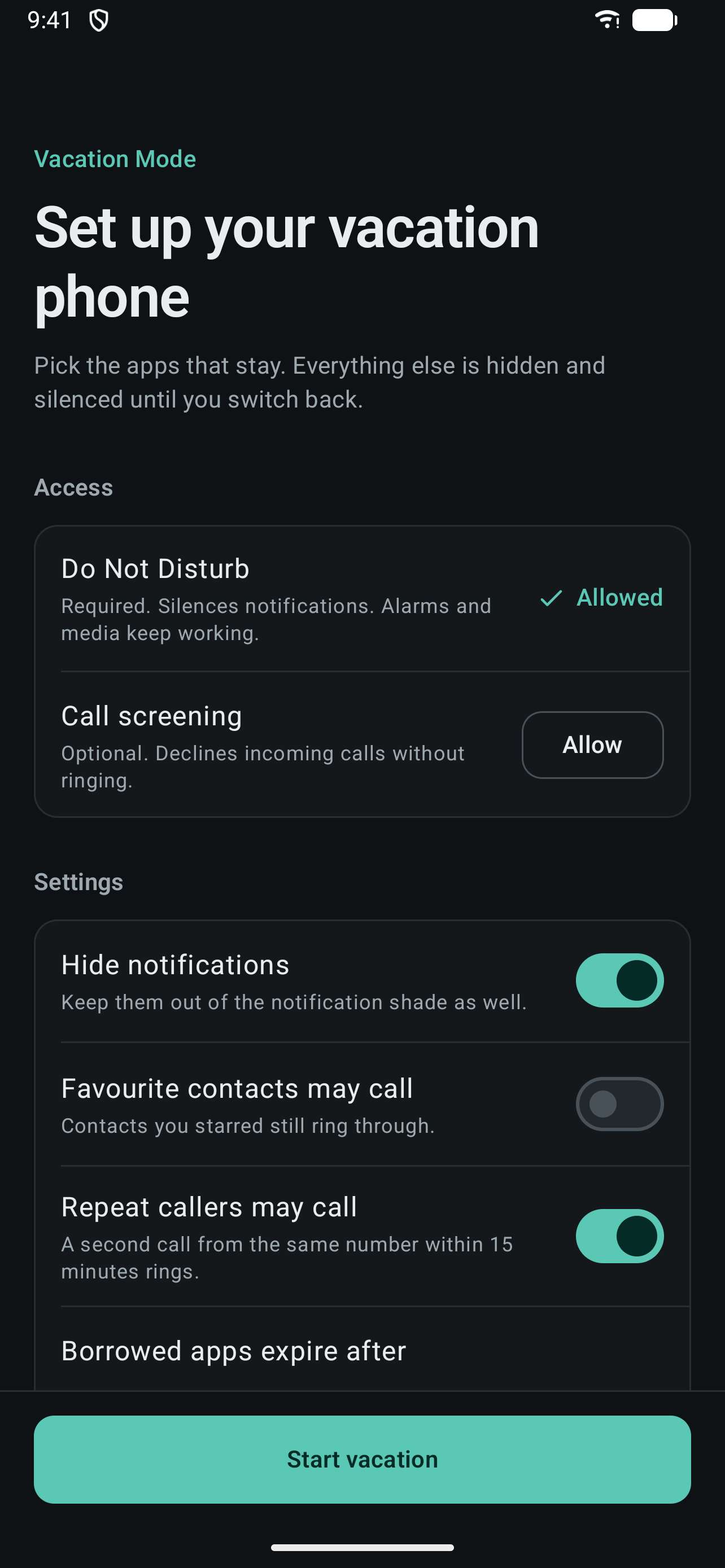 Setup screen in the dark theme